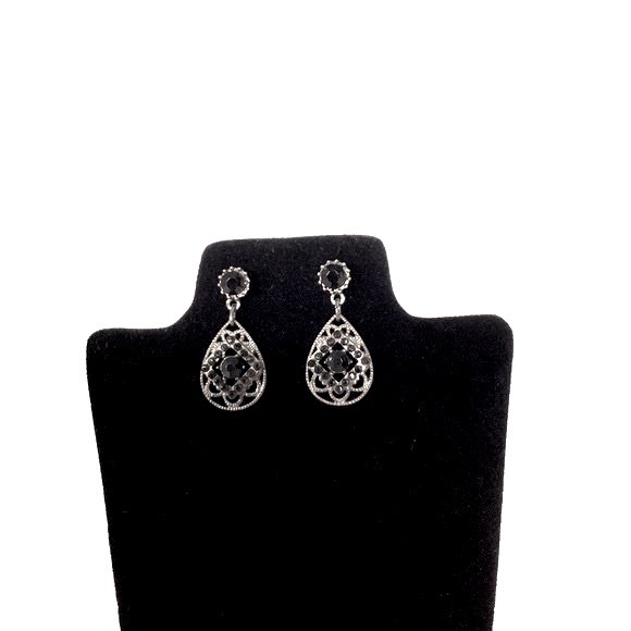 Filigree Dangle Earrings Gunmetal Tone Black Rhinestones Vintage EUC - Picture 7 of 8